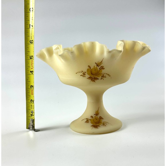 Vintage Signed Fenton Custard Glass Ruffled Crimped Compote Bowl Chocolate Roses - Picture 9 of 11